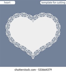 Greeting card with openwork border, paper doily under the cake, template for cutting in the form of heart, valentine card, decorative plate is laser cut,  vector illustrations.