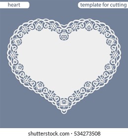 Greeting card with openwork border, paper doily under the cake, template for cutting in the form of heart, valentine card,  wedding invitation, decorative plate is laser cut,  vector illustrations.