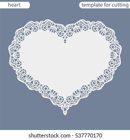 Greeting card with openwork border, paper doily under the cake, template for cutting in the form of heart, valentine card,  wedding invitation, decorative plate is laser cut,  vector illustrations.