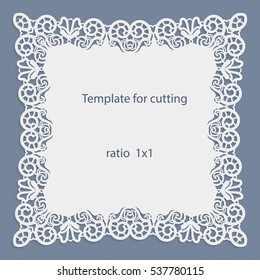 Greeting card with openwork border, paper doily under the cake, template for cutting, wedding invitation, decorative plate is laser cut, vector illustrations.