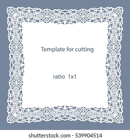 Greeting card with openwork border, paper doily under the cake, template for cutting, wedding invitation, decorative plate is laser cut, vector illustrations.