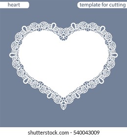 Greeting card with openwork border, paper doily under the cake, template for cutting in the form of heart, valentine card,  wedding invitation, decorative plate is laser cut,  vector illustrations.