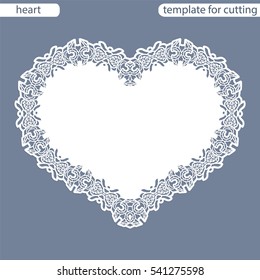 Greeting card with openwork border, paper doily under the cake, template for cutting in the form of heart, valentine card, wedding invitation, decorative plate is laser cut,  vector illustrations.