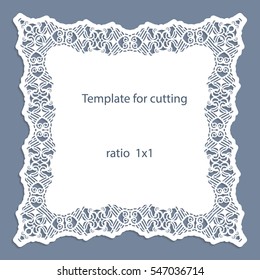 Greeting card with openwork border, paper doily under the cake, template for cutting, wedding invitation, decorative plate is laser cut, vector illustrations.