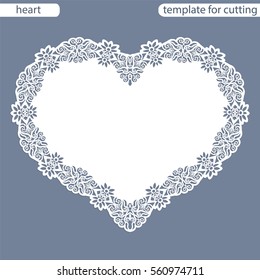 Greeting card with openwork border, paper doily under the cake, template for cutting in the form of heart, valentine card,  wedding invitation, decorative plate is laser cut,  vector illustrations.