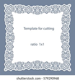 Greeting card with openwork border, paper doily under the cake, template for cutting, wedding invitation, decorative plate is laser cut, vector illustrations.