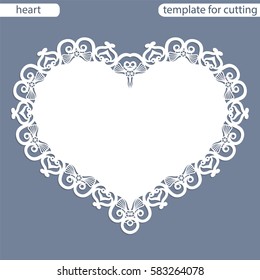 Greeting card with openwork border, paper doily under the cake, template for cutting in the form of heart, valentine card,  wedding invitation, decorative plate is laser cut,  vector illustrations.