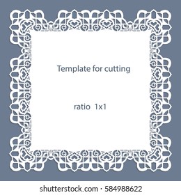 Greeting card with openwork border, paper doily under the cake, template for cutting, wedding invitation, decorative plate is laser cut, vector illustrations