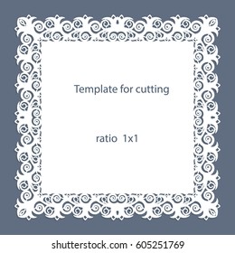 Greeting card with openwork border, paper doily under the cake, template for cutting, wedding invitation, decorative plate is laser cut, vector illustrations.