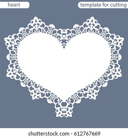 Greeting card with openwork border, paper doily under the cake, template for cutting in the form of heart, valentine card,  wedding invitation, decorative plate is laser cut,  vector illustrations.