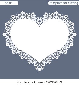 Greeting card with openwork border, paper doily under the cake, template for cutting in the form of heart, valentine card,  wedding invitation, decorative plate is laser cut,  vector illustrations.