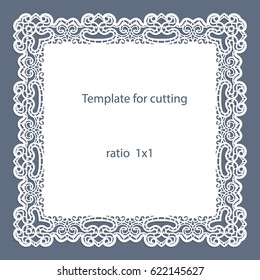 Greeting card with openwork border, paper doily under the cake, template for cutting, wedding invitation, decorative plate is laser cut, vector illustrations.