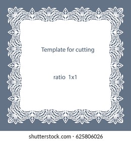 Greeting card with openwork border, paper doily under the cake, template for cutting, wedding invitation, decorative plate is laser cut, vector illustrations.