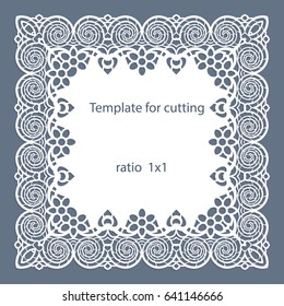 Greeting card with openwork border, paper doily under the cake, template for cutting, wedding invitation, decorative plate is laser cut, vector illustrations.