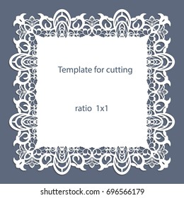 Greeting card with openwork border, paper doily under the cake, template for cutting, wedding invitation, decorative plate is laser cut, vector illustrations.