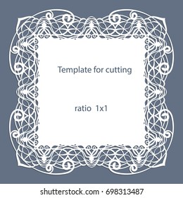 Greeting card with openwork border, paper doily under the cake, template for cutting, wedding invitation, decorative plate is laser cut, vector illustrations.