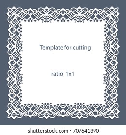 Greeting card with openwork border, paper doily under the cake, template for cutting, wedding invitation, decorative plate is laser cut, vector illustrations.