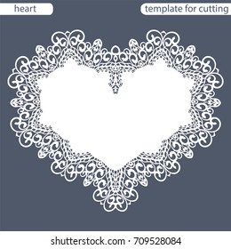 Greeting card with openwork border, paper doily under the cake, template for cutting in the form of heart, valentine card,  wedding invitation, decorative plate is laser cut,  vector illustrations.