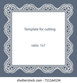 Greeting card with openwork border, paper doily under the cake, template for cutting, wedding invitation, decorative plate is laser cut, vector illustrations.