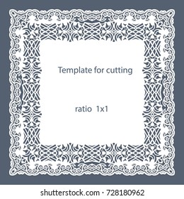 Greeting card with openwork border, paper doily under the cake, template for cutting, wedding invitation, decorative plate is laser cut, vector illustrations.
