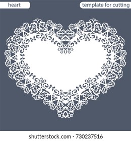 Greeting card with openwork border, paper doily under the cake, template for cutting in the form of heart, valentine card,  wedding invitation, decorative plate is laser cut,  vector illustrations.