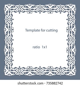 Greeting card with openwork border, paper doily under the cake, template for cutting, wedding invitation, decorative plate is laser cut, vector illustrations.