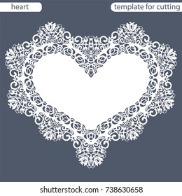 Greeting card with openwork border, paper doily under the cake, template for cutting in the form of heart, valentine card,  wedding invitation, decorative plate is laser cut,  vector illustrations.