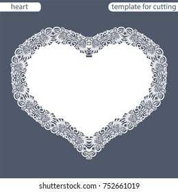 Greeting card with openwork border, paper doily under the cake, template for cutting in the form of heart, valentine card,  wedding invitation, decorative plate is laser cut,  vector illustrations.