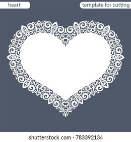 Greeting card with openwork border, paper doily under the cake, template for cutting in the form of heart, valentine card,  wedding invitation, decorative plate is laser cut,  vector illustrations.