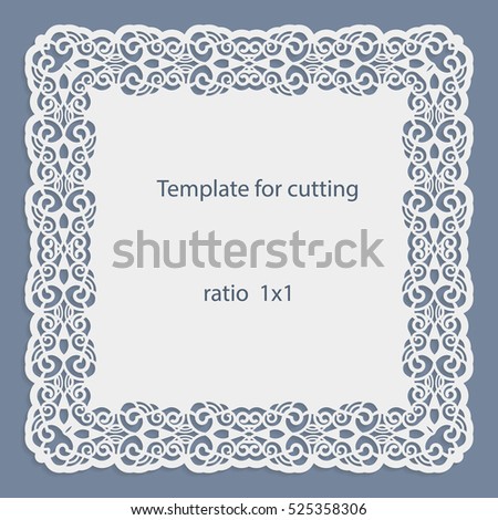 Greeting card with openwork border, paper doily under the cake, template for cutting, wedding invitation, decorative plate is laser cut, frame with lace edge, vector illustrations.