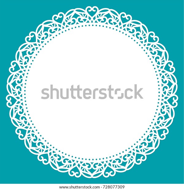 Greeting card\
with openwork border, paper doily under the cake, round template\
for cutting, valentine card, wedding invitation. Laser cut\
decorative plate. Vector\
illustrations.