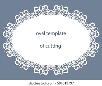 Greeting  card with openwork  oval border, paper doily under the cake, template for cutting, wedding invitation, decorative plate is laser cut, vector illustrations.