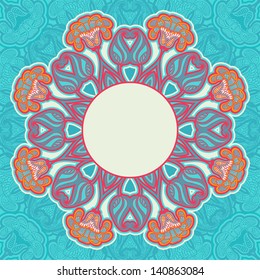 Greeting card with oriental floral pattern and space for text. Vector background in bright colors.