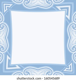 Greeting card with oriental floral pattern and space for text. Vector background in light blue and white colors.