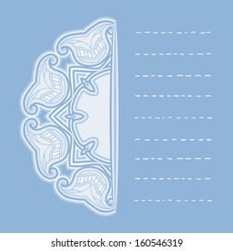 Greeting card with oriental floral pattern and space for text. Vector background in light blue colors.