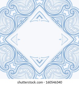 Greeting card with oriental floral pattern and space for text. Vector background in light blue colors.
