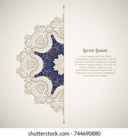 Greeting card in oriental style. Template of greeting card or invitation with ethnic ornament. Oriental pattern. Round lacy pattern. Beautiful Mandala.