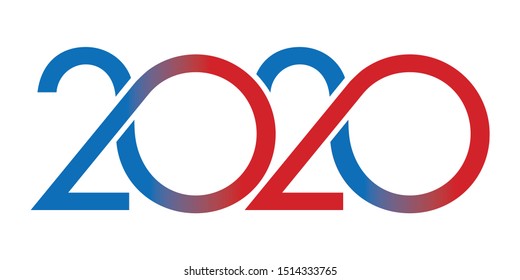 Greeting card with original graphics to present the year 2020. It shows a succession of curves of red and blue color on a white background.