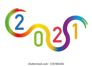 Greeting card with original graphics to present the year 2021. It shows a succession of curves in the colors of the rainbow.