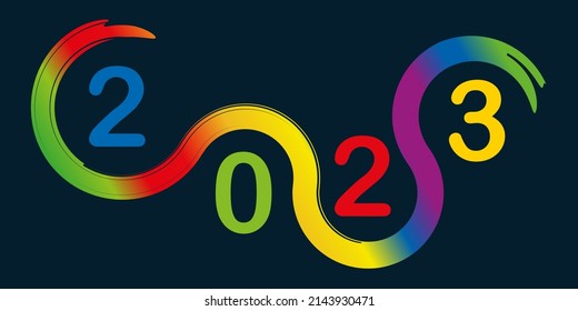 Greeting card with original graphics to present the year 2023. It shows a succession of curves in the colors of the rainbow.