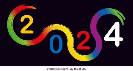 Greeting card with original graphics to present the year 2024. It shows a succession of curves in the colors of the rainbow.