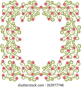 Greeting card, ornament of curls and red flowers isolated on a white background, vector illustration