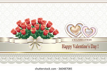 Greeting card with ornament on the background of a bouquet of roses and hearts on Valentine's Day