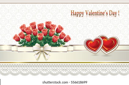 Greeting card with ornament on the background of a bouquet of roses and hearts on Valentine's Day