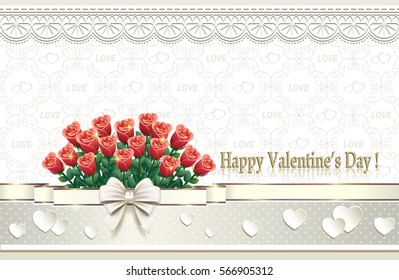 Greeting card with ornament on the background of a bouquet of roses and hearts on Valentine's Day