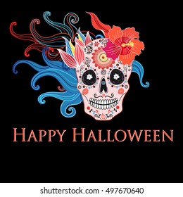 Greeting card with ornamental floral skull on a dark background