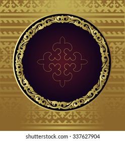 Greeting card with ornaments (Kirghiz, Kazakh, ethnic). Background with patterns. Round shape (plate) with circular patterns and stamens (points/dots). There is a large ornament of line in circle 