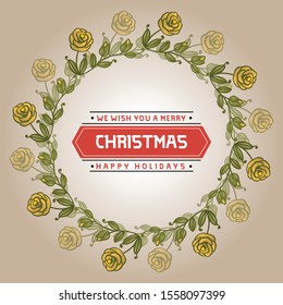 Greeting card ornate of christmas happy holiday, with art unique of leaf flower frame. Vector