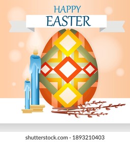 Greeting card with Orthodox easter with candles. Concept of colorful eggs, cake and flowers with lettering. Flat cartoon vector illustration