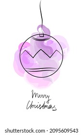 Greeting card, outline Christmas tree toy, watercolor background